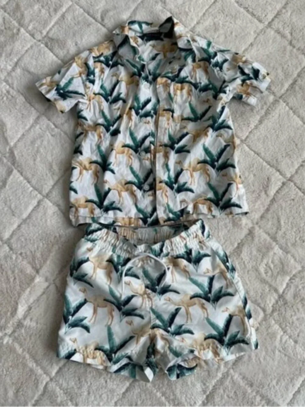 Janie & Jack | Boys Poplin Camel Print Shirt & Swim Trunks | Size 2T/18-24 Month